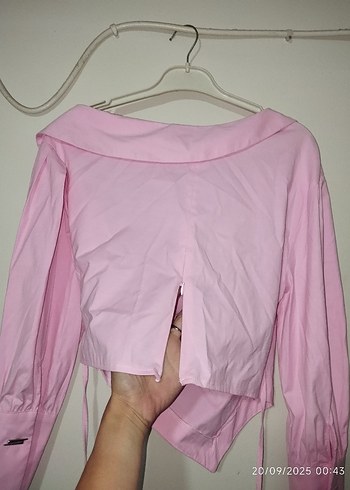 s Beden pembe Renk Pembe Drapeli V Yaka Uzun Kollu Mini Bluz