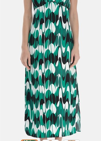 Yeşil V Yaka Uzun Drapeli Elbise - Görsel 5