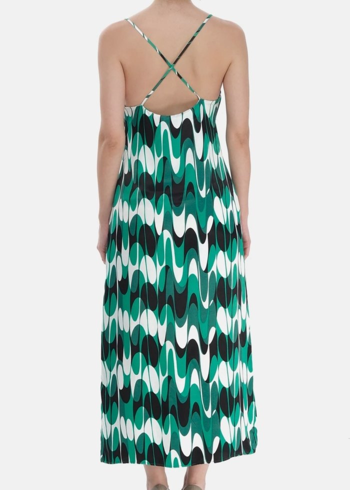 Yeşil V Yaka Uzun Drapeli Elbise - Görsel 2