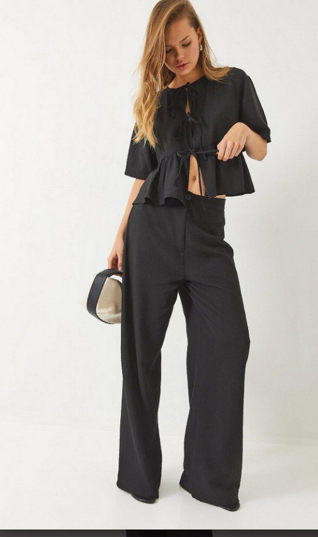 Siyah Kemerli Keten Rahat Kesim Kadın Pantolon - Görsel 2