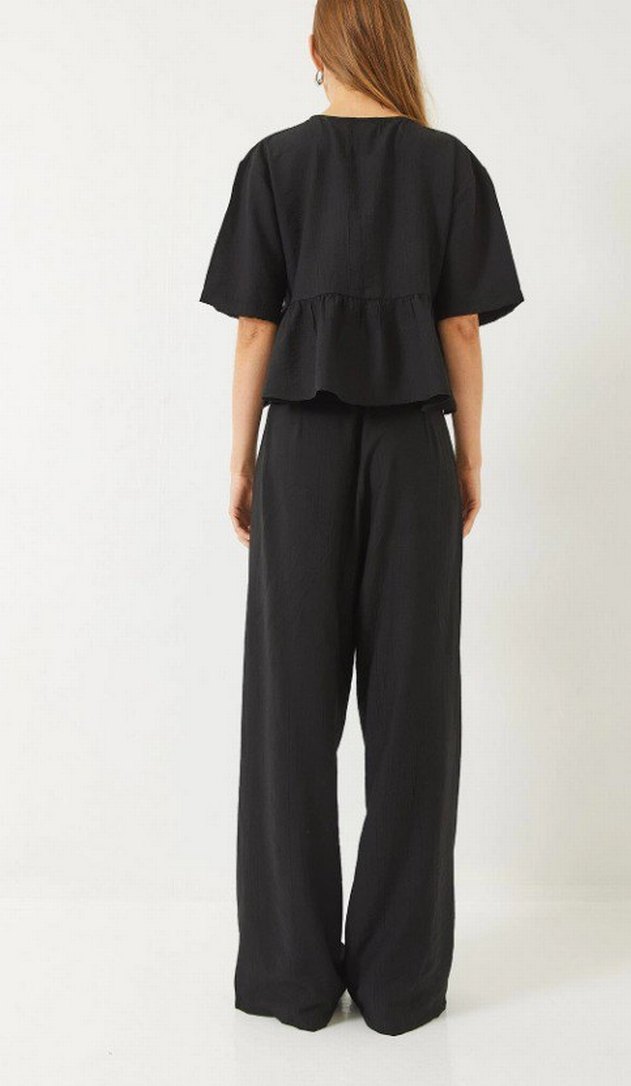 Siyah Kemerli Keten Rahat Kesim Kadın Pantolon - Görsel 4