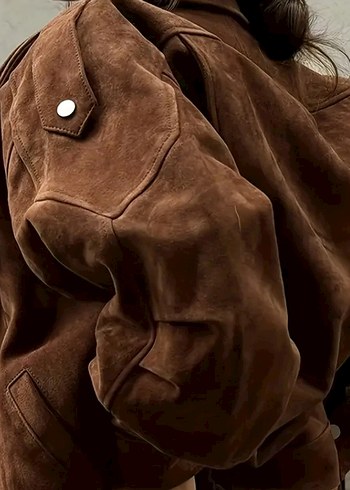 Kahverengi Süet Kadın Ceket, Kürklü Detaylı - Görsel 5