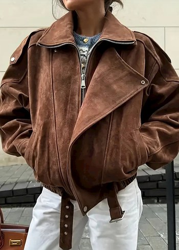 Kahverengi Süet Kadın Ceket, Kürklü Detaylı - Görsel 4