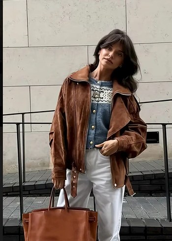 Kahverengi Süet Kadın Ceket, Kürklü Detaylı - Görsel 2