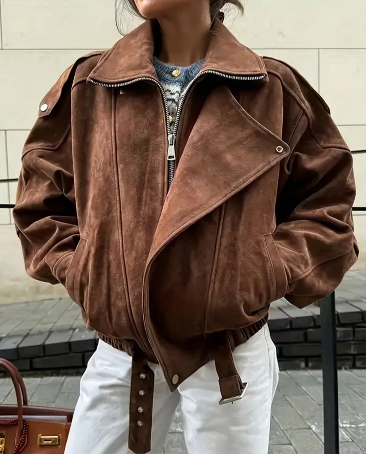 Kahverengi Süet Kadın Ceket, Kürklü Detaylı - Görsel 4