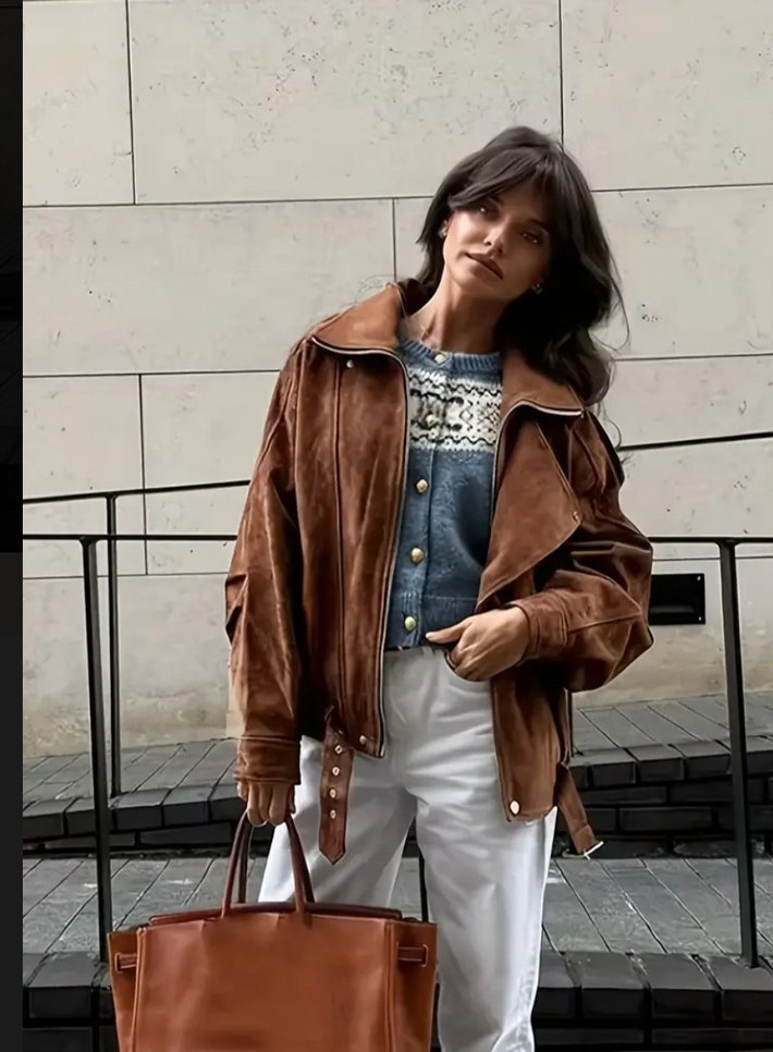 Kahverengi Süet Kadın Ceket, Kürklü Detaylı - Görsel 2