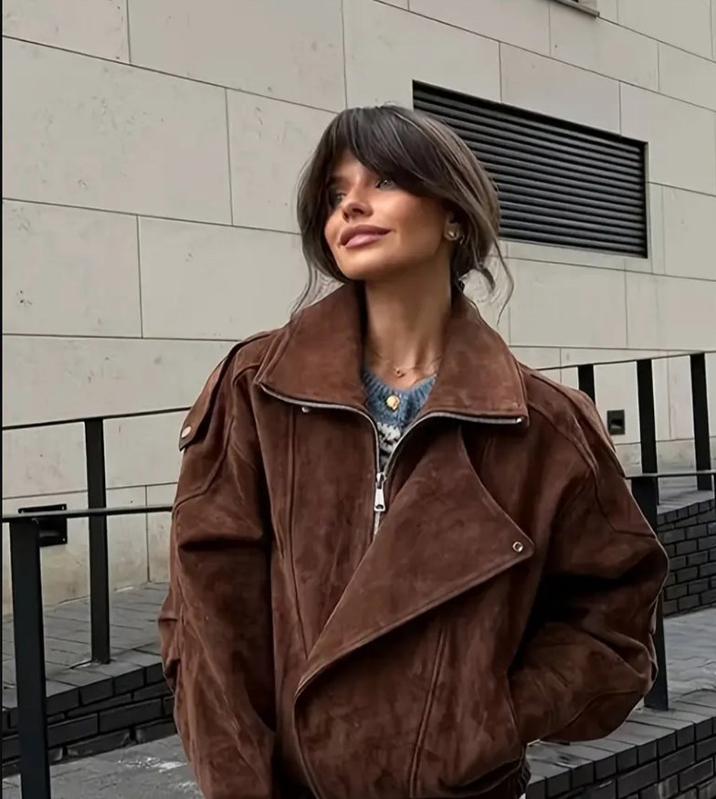 Kahverengi Süet Kadın Ceket, Kürklü Detaylı - Görsel 3