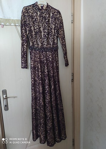 Mor Dantel Uzun Kollu Vintage Abiye Elbise