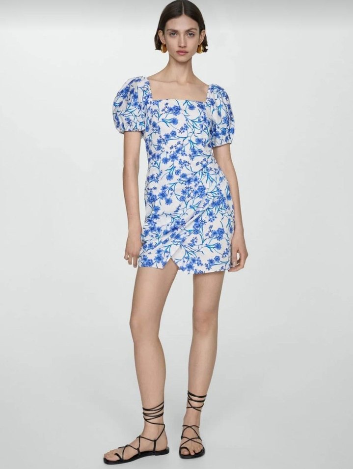 Mango Mavi Çiçek Desenli Mini Elbise - Görsel 2