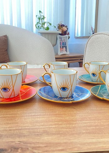 Renkli Tabaklı Göz Desenli Türk Kahvesi Fincan Seti - Görsel 2