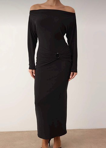 Uzun Siyah Kayık Yaka Kadın Elbise - Görsel 2