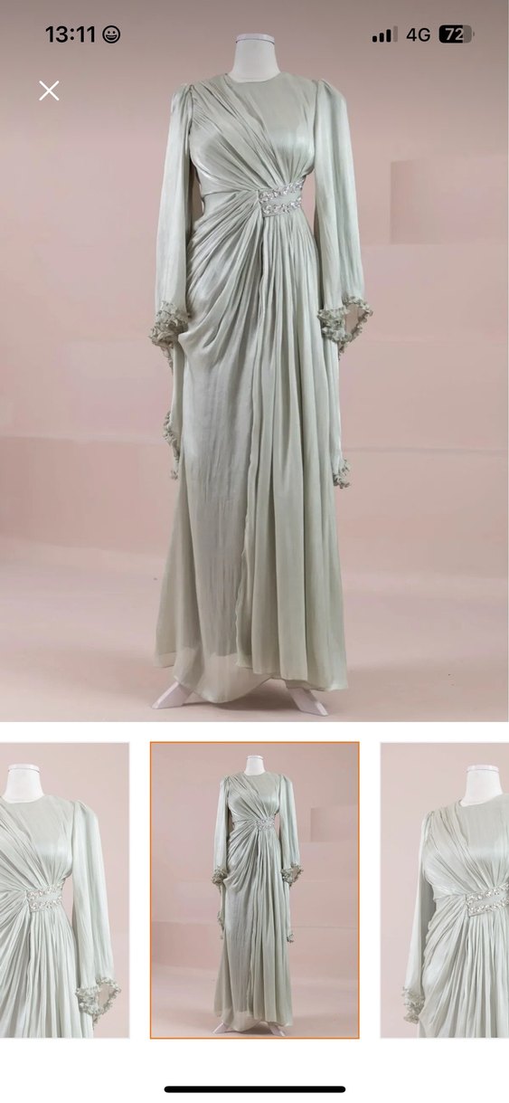 Satılıktır Bej Parlak Uzun Drapeli Kadın Abiye şalda dahil - Görsel 3