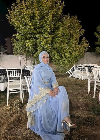 Nakışlı Mavi Uzun Kollu Abiye Elbise - Görsel 3