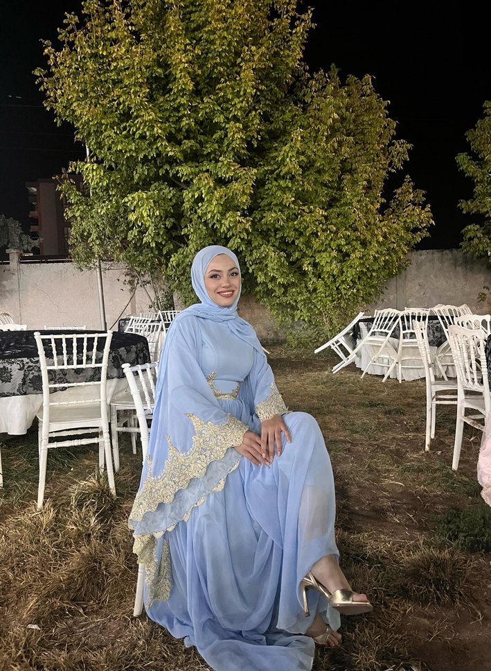 Nakışlı Mavi Uzun Kollu Abiye Elbise - Görsel 3