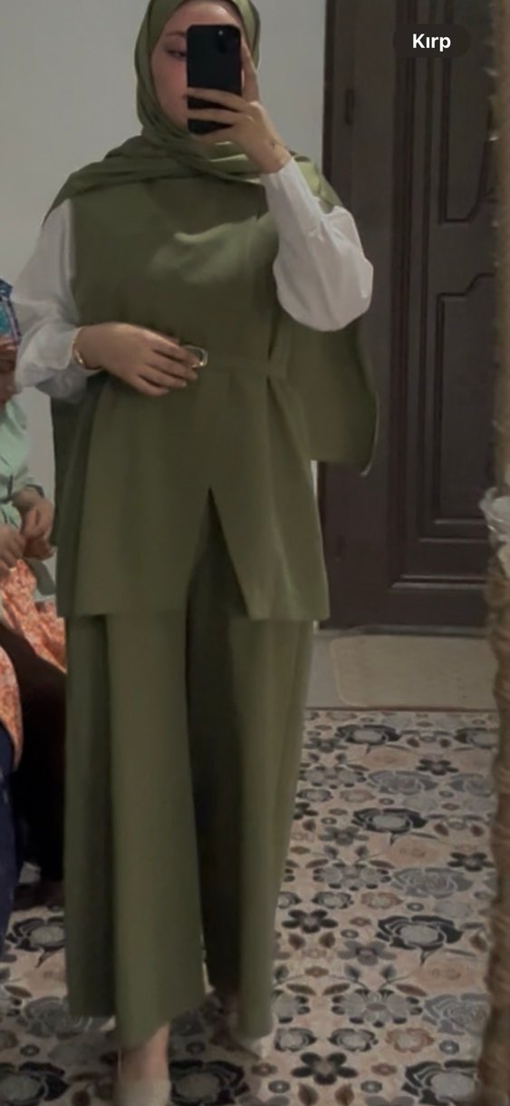 Uzun Kesim Salaş Koyu Haki Kadın kemerli Takım - Görsel 5