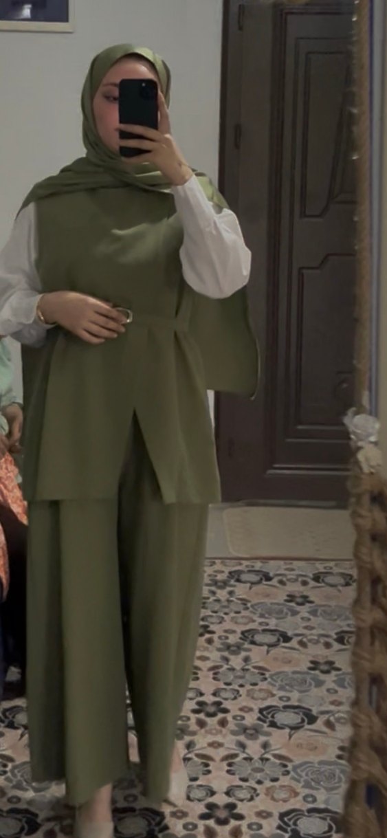 Uzun Kesim Salaş Koyu Haki Kadın kemerli Takım - Görsel 2