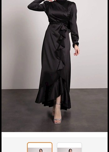 Siyah Uzun Saten Elbise, Fırfırlı, Yüksek Yakalı - Görsel 2