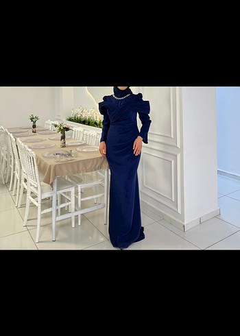 Lacivert Drapeli Uzun Kollu Abiye Elbise - Görsel 2