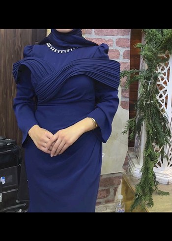 Lacivert Drapeli Uzun Kollu Abiye Elbise - Görsel 3