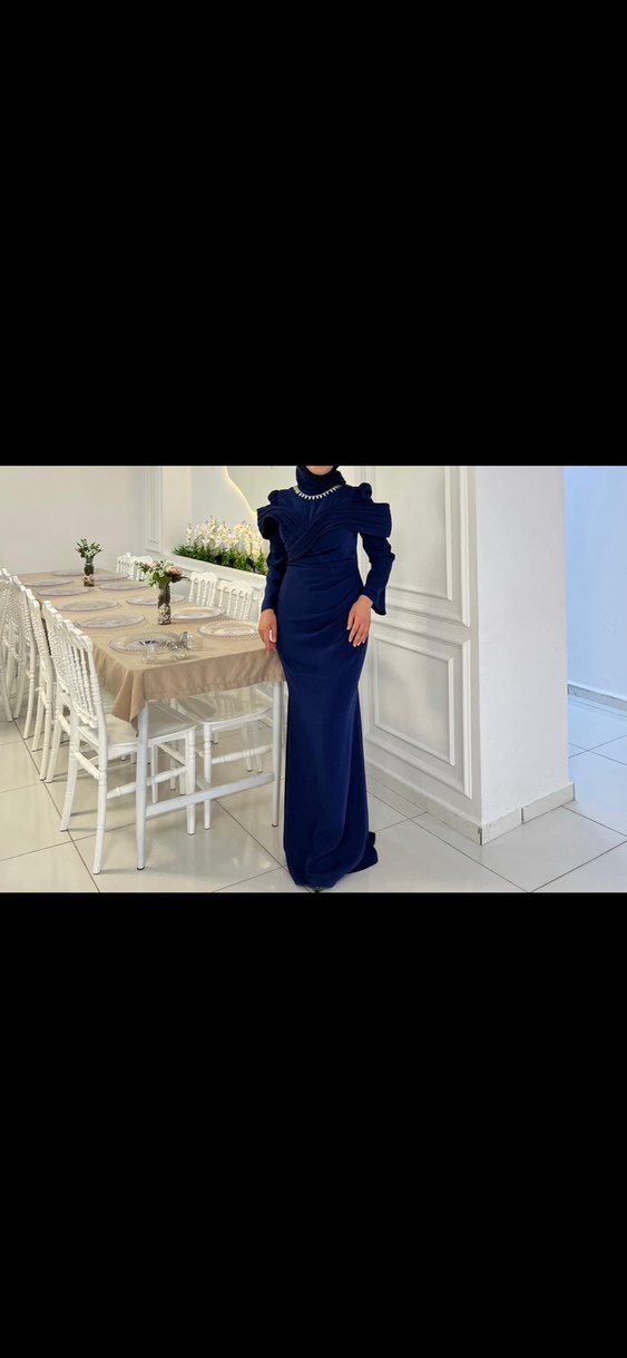 Lacivert Drapeli Uzun Kollu Abiye Elbise - Görsel 2