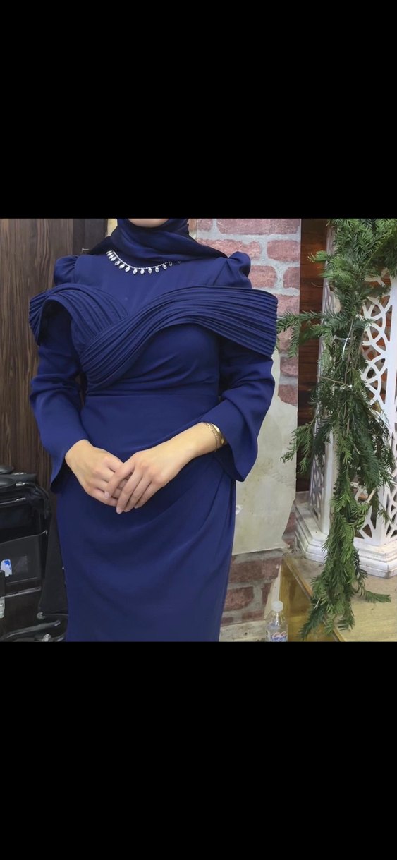 Lacivert Drapeli Uzun Kollu Abiye Elbise - Görsel 3