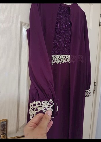 Mor Uzun Kollu Nakışlı Vintage Elbise - Görsel 2