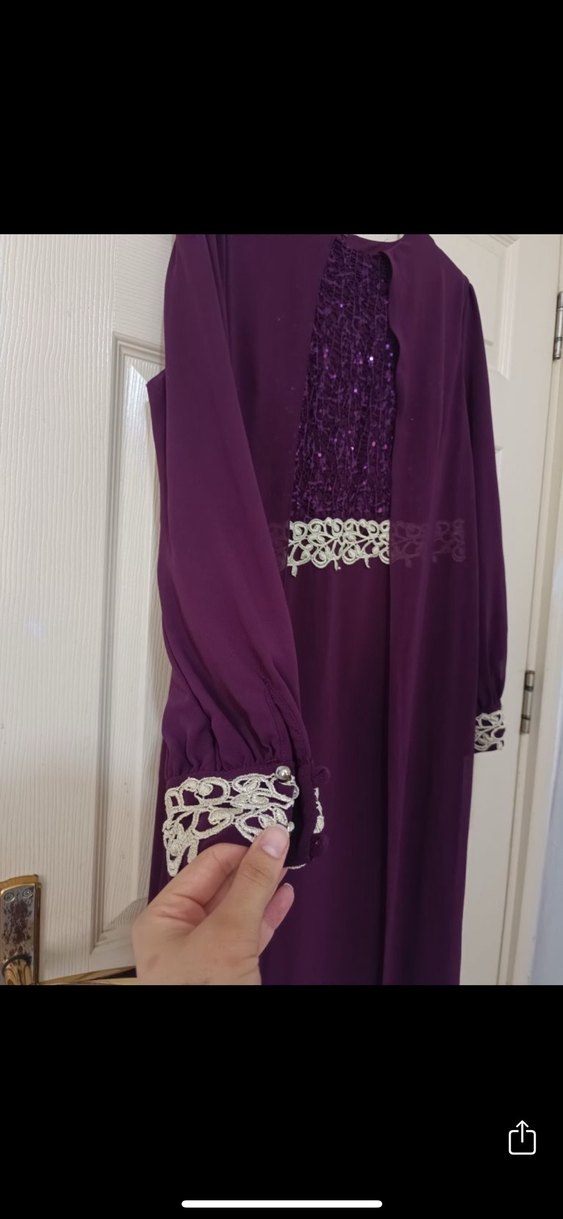 Mor Uzun Kollu Nakışlı Vintage Elbise - Görsel 2