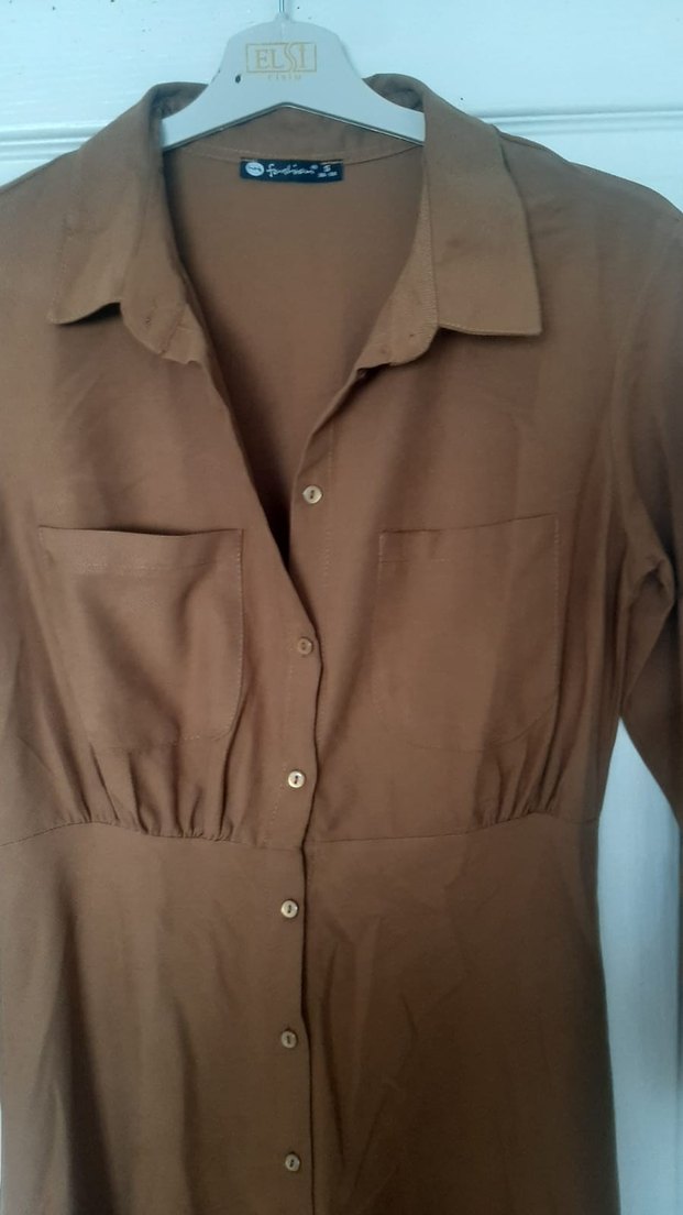 Düğmeli tarçın rengi Uzun Kadın Elbise - Görsel 4