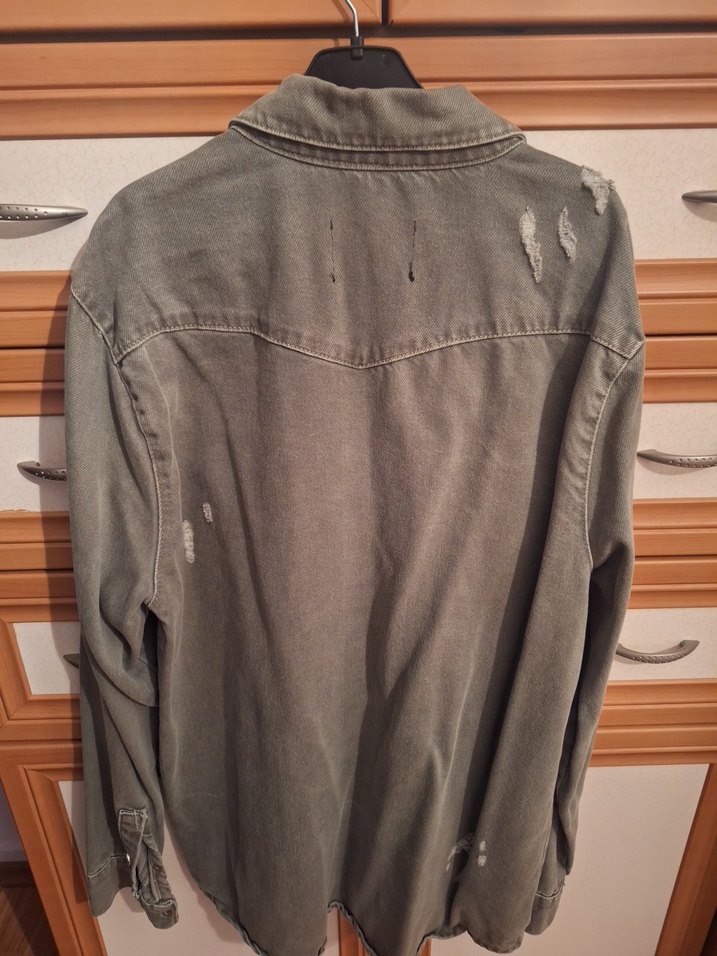 Fulla Düğmeli yeşil eskitme desenli jean Kadın Gömlek Ceket - Görsel 2