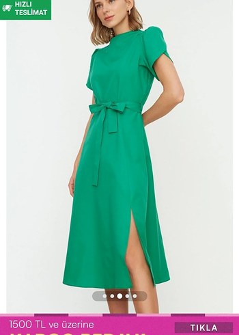 Yeşil Kemerli Kısa Kollu Midi Elbise - Görsel 2