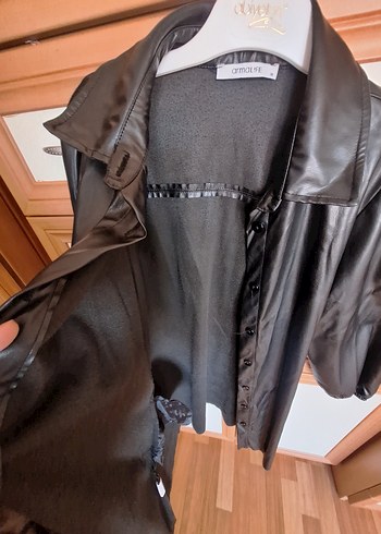 Düğmeli Siyah Kadın Deri Gömlek/Ceket - Görsel 2