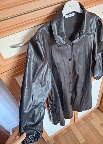 Düğmeli Siyah Kadın Deri Gömlek/Ceket - Görsel 7