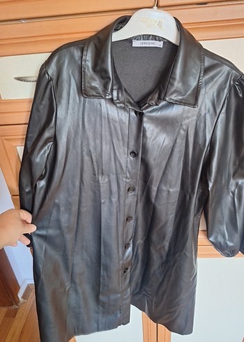 Düğmeli Siyah Kadın Deri Gömlek/Ceket - Görsel 5