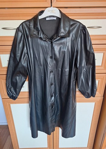 Düğmeli Siyah Kadın Deri Gömlek/Ceket - Görsel 3