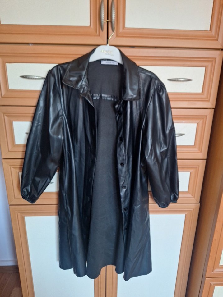 Düğmeli Siyah Kadın Deri Gömlek/Ceket - Görsel 4