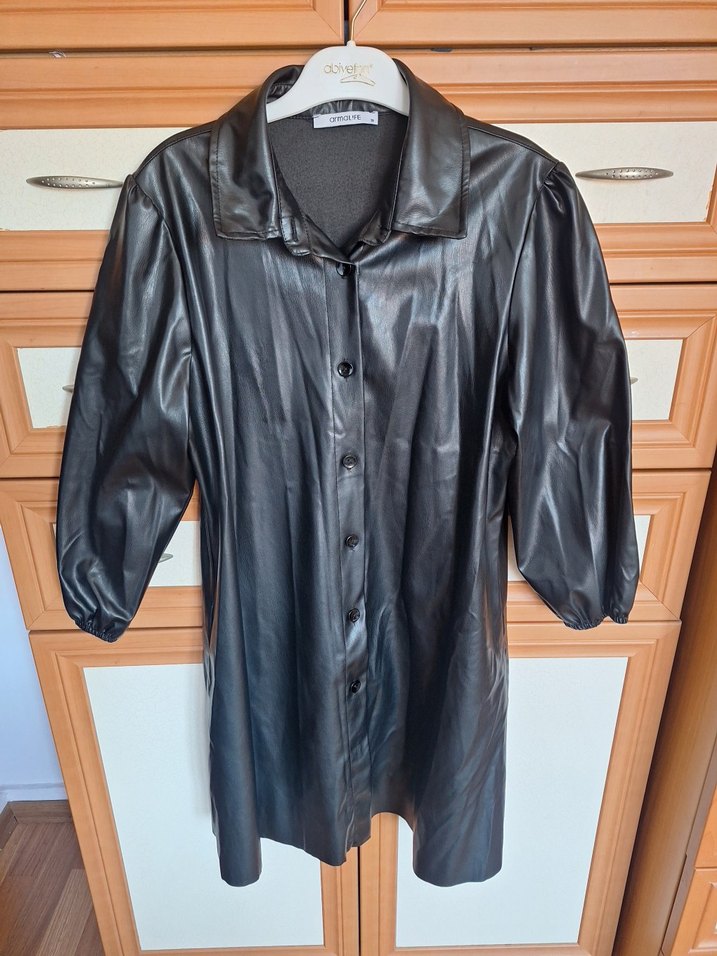 Düğmeli Siyah Kadın Deri Gömlek/Ceket - Görsel 3