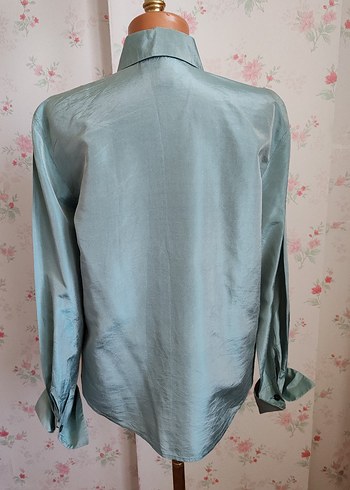 Turkuaz, Uzun Kollu, Düğmeli Kadın İpek  Gömlek - Görsel 2