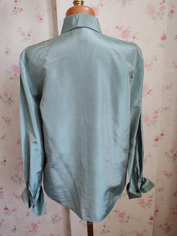 Turkuaz, Uzun Kollu, Düğmeli Kadın İpek  Gömlek - Görsel 2