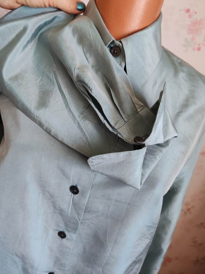 Turkuaz, Uzun Kollu, Düğmeli Kadın İpek  Gömlek - Görsel 4