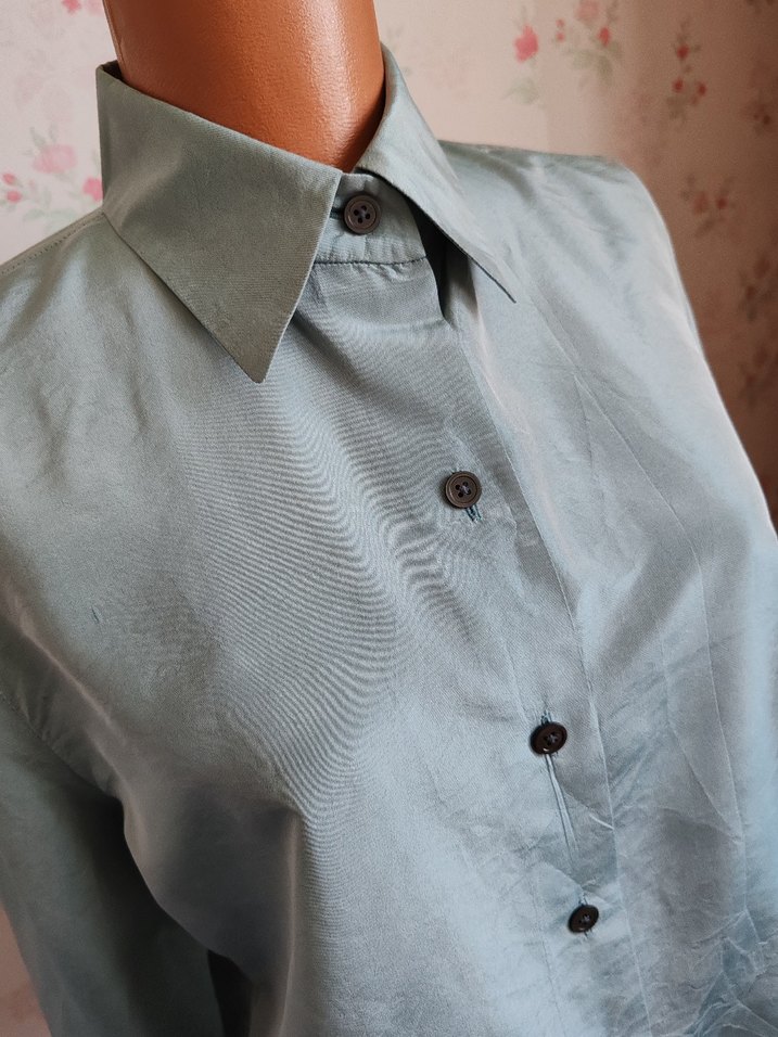 Turkuaz, Uzun Kollu, Düğmeli Kadın İpek  Gömlek - Görsel 3