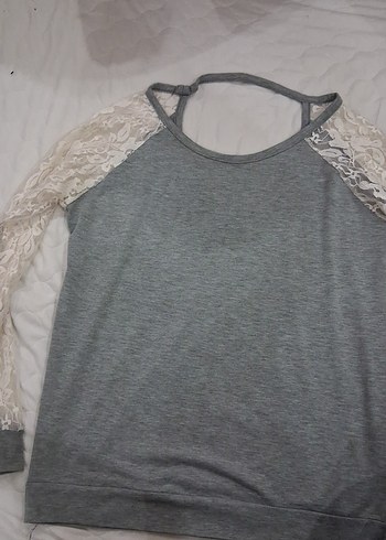 Dantel Kollu Gri Kadın Triko Bluz - Görsel 2