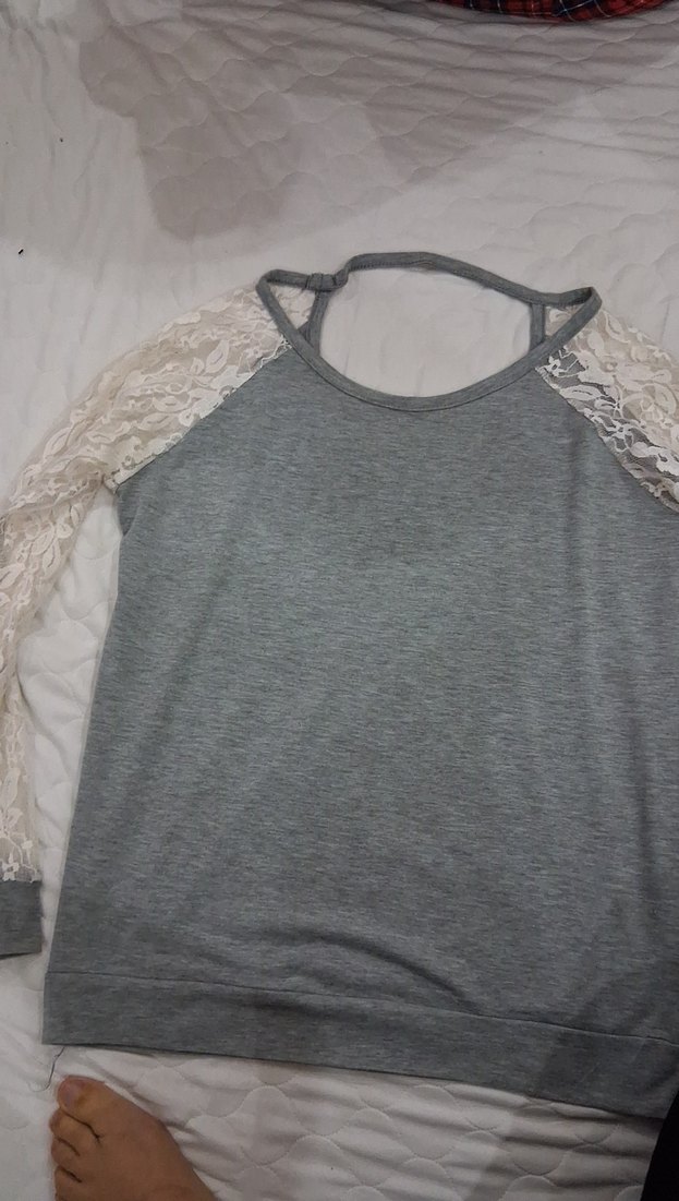 Dantel Kollu Gri Kadın Triko Bluz - Görsel 2