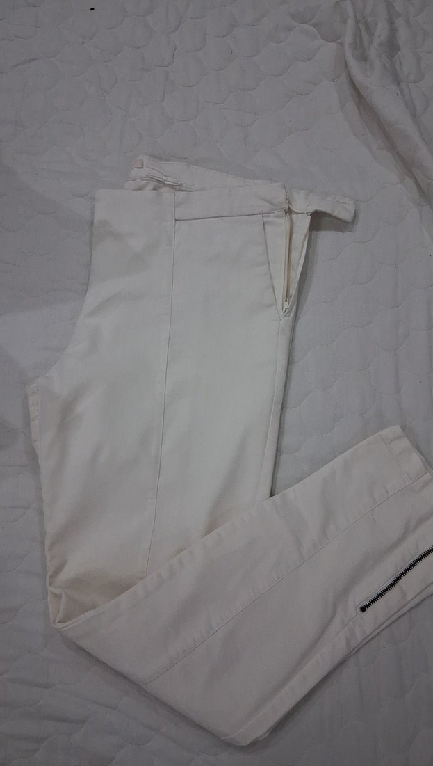 Kadın Beyaz Fermuarlı Kumaş Pantolon - Görsel 2