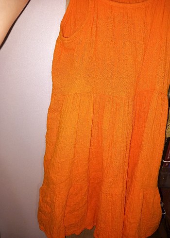 Turuncu Kolsuz Keten Kız Elbisesi - Görsel 3