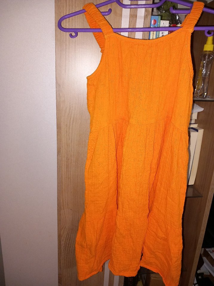 Turuncu Kolsuz Keten Kız Elbisesi - Görsel 2