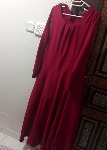 Bordo Uzun Kollu Salaş Keten Elbise - Görsel 2