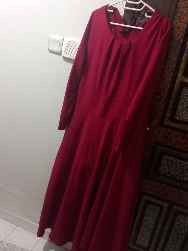 Bordo Uzun Kollu Salaş Keten Elbise - Görsel 2