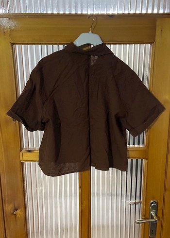 Kadın Kahverengi Keten Kısa Kollu Gömlek - Görsel 3