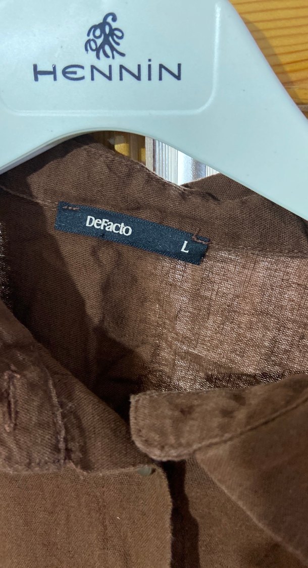 Kadın Kahverengi Keten Kısa Kollu Gömlek - Görsel 2