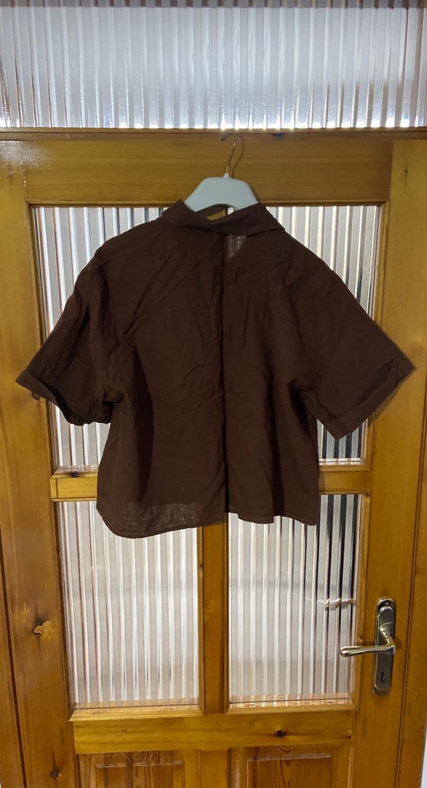 Kadın Kahverengi Keten Kısa Kollu Gömlek - Görsel 3